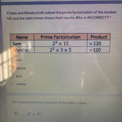 Sam and Marsha both solved the prime factorization of the number

120 and the table below shows th