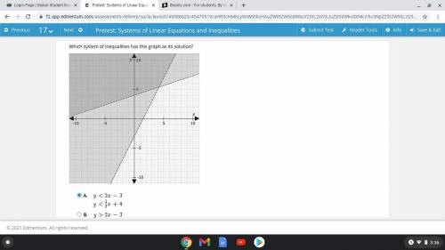 I NEED HELP ASAP PLEASE!!

Which system of inequalities has this graph as its solution? A. B. C. D