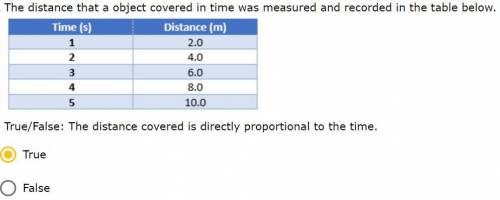 The distance that an object covered in time was measured and recorded in the table below.True/False