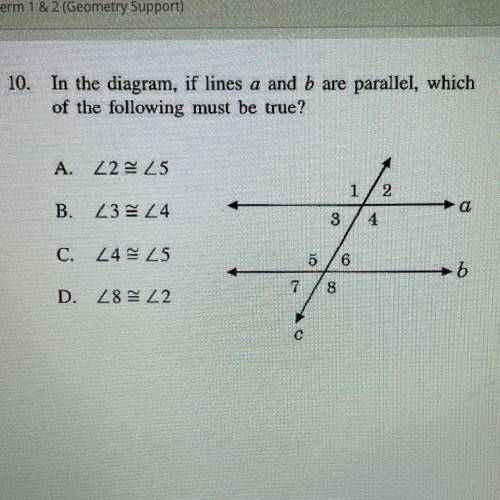 In the diagram, if lines a and b are parallel, which
of the following must be true?
