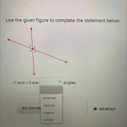 Use the given figure to complete the statement below.
∠1 and ∠3 are
angles.