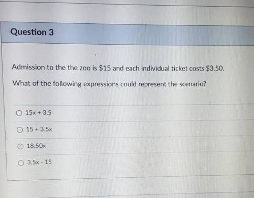 Admission to the the zoo is $15 and each individual ticket costs $3.50. What of the following expre