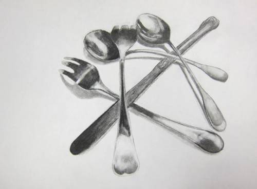 50 POINTS!!

Artfully arrange a pile of shinny silverware and then draw or render in pencil. Use b