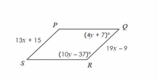 If PQRS is a parallelogram, find the values of x and y