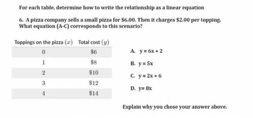 A pizza company sells a small pizza for $6. Then it charges $2 per topping. What equation correspon