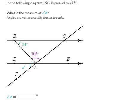 PLEASE HELP!

In the following diagram, angle BC is parallel to angle DE what is the measure of an
