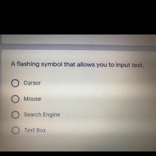 A flashing symbol that allows you to input text.

A. Cursor
B. Mouse
C. Search Engine
D. Text Box