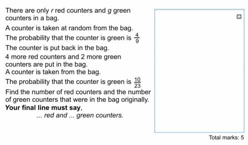 there are only r red counters and g green counters in a bag. a counter is taken at random from the
