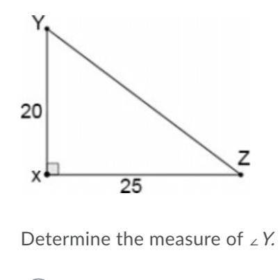 Determine the measure of ∠Y.

Question 1 options:
A) 
38.66°
B) 
51.34°
C) 
9.32°
D) 
89.89°