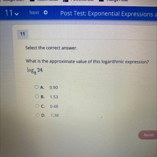 What is the approximate value of this logarithmic expression?

log8 24
OA.
0.90
OB.
1.53
0.48
OD.