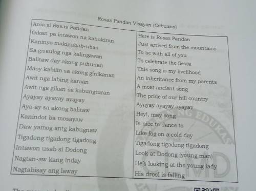learning task 1. study the song entitled Rosas pandan visayan.read each reline in determine what it