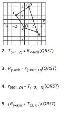Items 2–5. Find the coordinates of the vertices of each image.

2. T〈−1, 2〉 ∘ Rx-axis(QRST)3. Ry-a