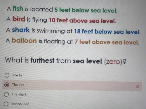 Can y’all please help ASAP.

A fish is located 5 feet below sea level.
A bird is flying 10 feet ab