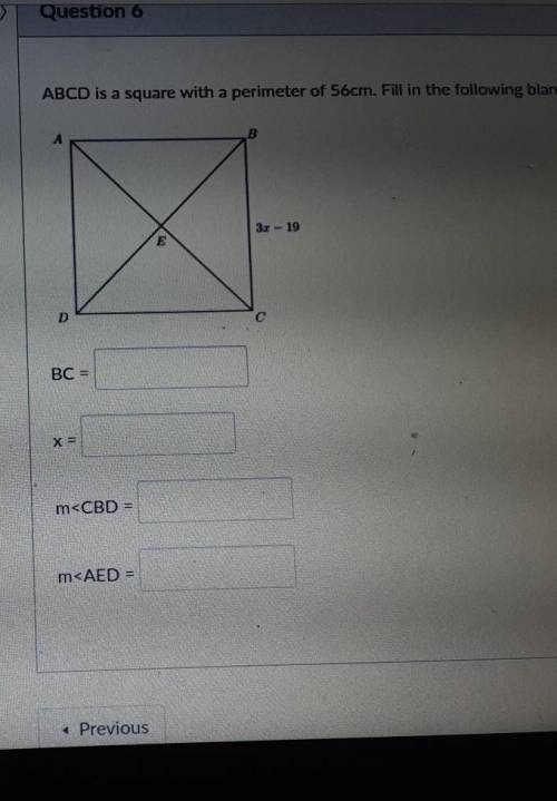 ABCD is a square with a perimeter of 56cm. Fill in the following blanks