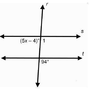 Parallel lines s and t are cut by a transversal, r, as shown

What is the value of x to the neares