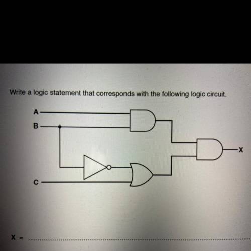 Write a logic statement that corresponds with the following logic circuit.

A
B
Х
Help please!