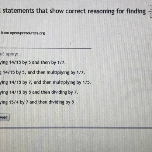 Select all the statements that show correct reasoning for finding 14/15 divided by 7/5