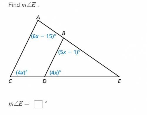 Find Measure E
Geometry finding and angle with similarity