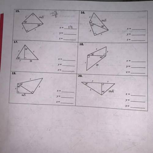 This is over Right Triangles & Trigonometry. 
What is 
X= ?
Y= ?
Z=?