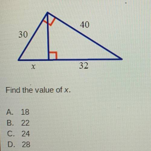 Analyze the diagram below and complete the instructions that follow.

Find the value of x.
A. 18
B