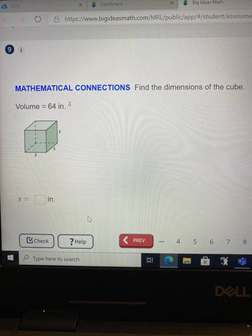 Find the dimension of the cube volume = 64
