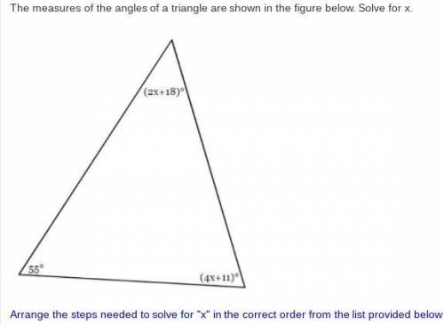 The measures of the angles of a triangle are shown in the figure below. Solve for x.

Arrange the