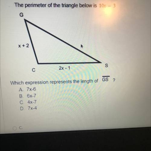 The perimeter of the triangle below is 10x - 3
Show how to solve