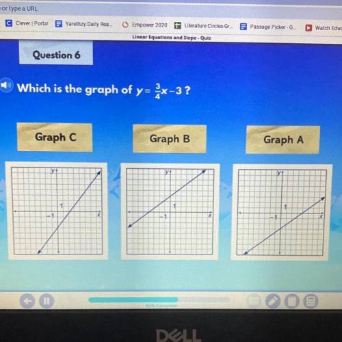 Which is the graph of y=3/4x-3?Graph CGraph BGraph A
