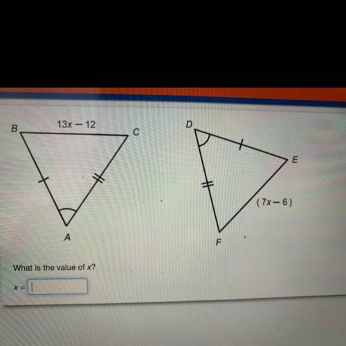 Help please!!!
13x - 12
B
с
E
(7x-6)
A
F
What is the value of x?