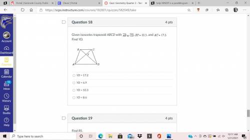 pls help! will mark brainliest!! Given isosceles trapezoid ABCD with AB=CD, BY=10.3, and AC=17.2. f