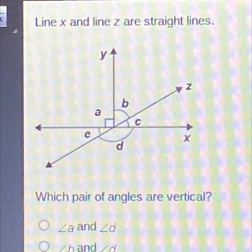 GIVING BRAIN

Line x and line z are straight lines.
Which pair of angles are vertical?
Za and Zo
Z