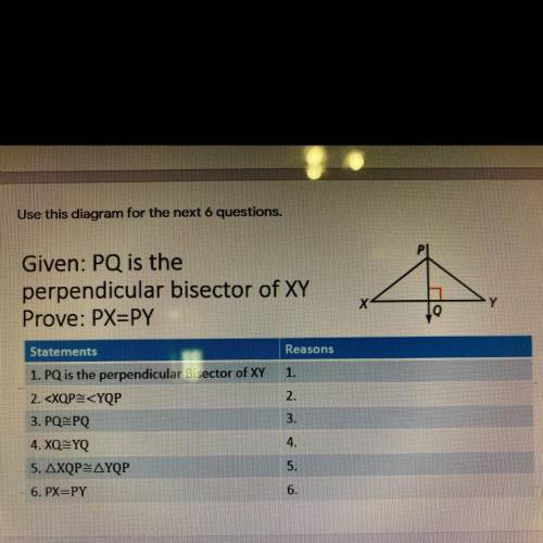 Given: PQ is the
perpendicular bisector of XY
Prove: PX=PY