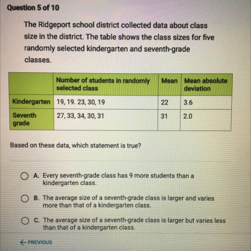 Based on these data, which statement is true?

O A. Every seventh-grade class has 9 more students