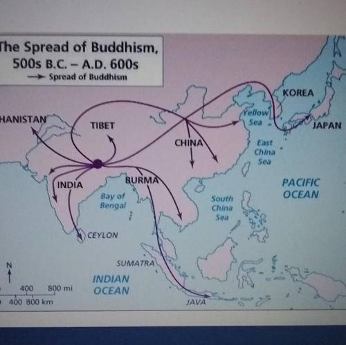 According to the above map above what is the furthest area Buddhism spread to in just 100 years?