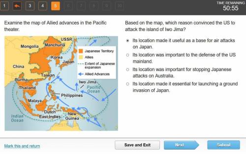 Examine the map of Allied advances in the Pacific theater.

A map of Allied advances in the Pacifi