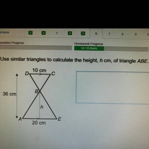 Use similar triangles to calculate the height, h cm, of triangle ABE.

10 cm
D
36 cm
X
h
A А
E
20