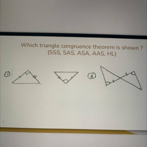 PLEASE HELP DUE NOW
Which triangle congruence theorem is shown?
(SSS, SAS, ASA, AAS, HL)