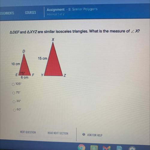ADEF and AXYZ are similar isosceles triangles. What is the measure of ZX?