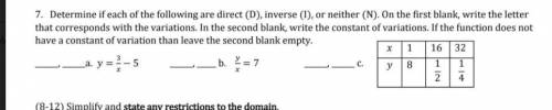 WILL MARK BRAINLIEST Determine if each of the following are direct (D), Inverse (I), or neither (N)