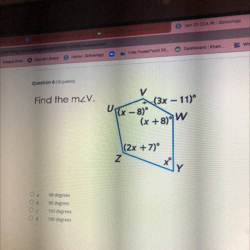 Find the mzV.
y
(3x - 11)
(x - 8)°
U
(x +8°W
\(2x +70°
Z
7
Y