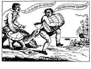 Based on this political cartoon, and your knowledge of the Embargo Act of 1807--how did Merchants r
