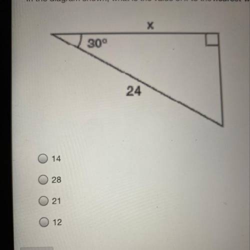 ￼ In the diagram shown, what is the value of x to the nearest whole number? (Plz help it’s time sen