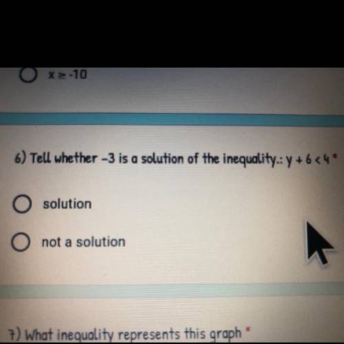 6) Tell whether -3 is a solution of the inequality.: y +6<4

A-solution 
B-not a solution