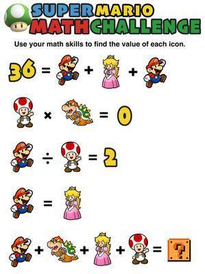 Use your math skills to find the value of each character.

Mario = ?
Princess Peach = ?
Mushroom =