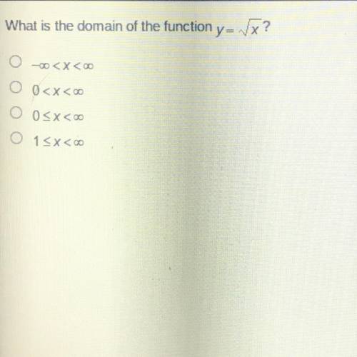 What is the domain of the function y= Vx?
0-00
O 0
O 0
O 15x<00