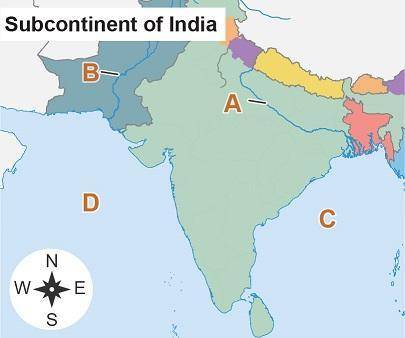 The map shows the Indian subcontinent. Which location on the map shows the Ganges River?

I know t