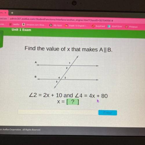 Find the value of x that makes A || B.

1
2
4
3
5
22 = 2x + 10 and 24 = 4x + 80
x= [?]
Enter