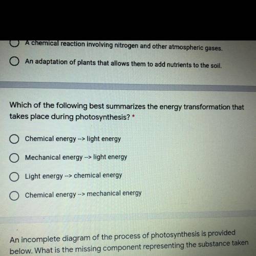Which of the following best summarizes the energy transformation that

takes place during photosyn