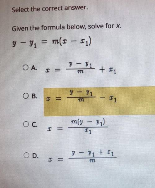Given the formula below, solve for xy - y1 =m(x-x1)