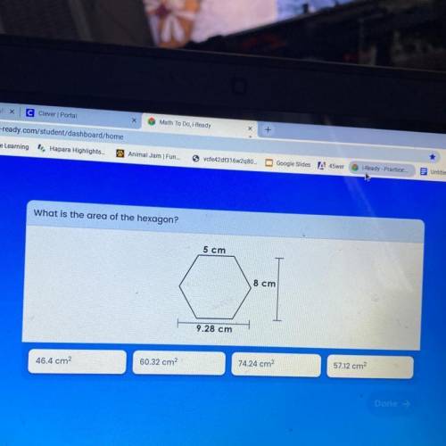What is the area of the hexagon?5 cm8 cm9.28 cm
